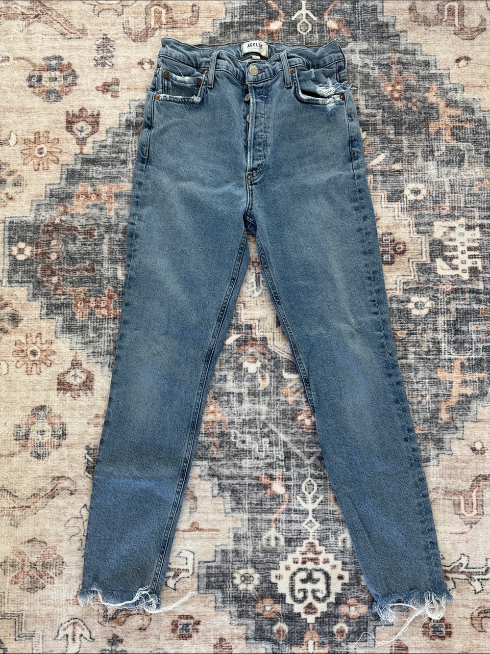 AGOLDE Washed Blue High-Rise Ankle Jeans with Raw Hem